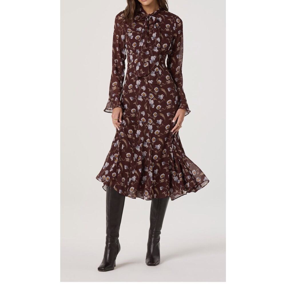 New Astr The Label Dress Small Floral Print Tie Neck Long Sleeve Midi Lined - Picture 1 of 10